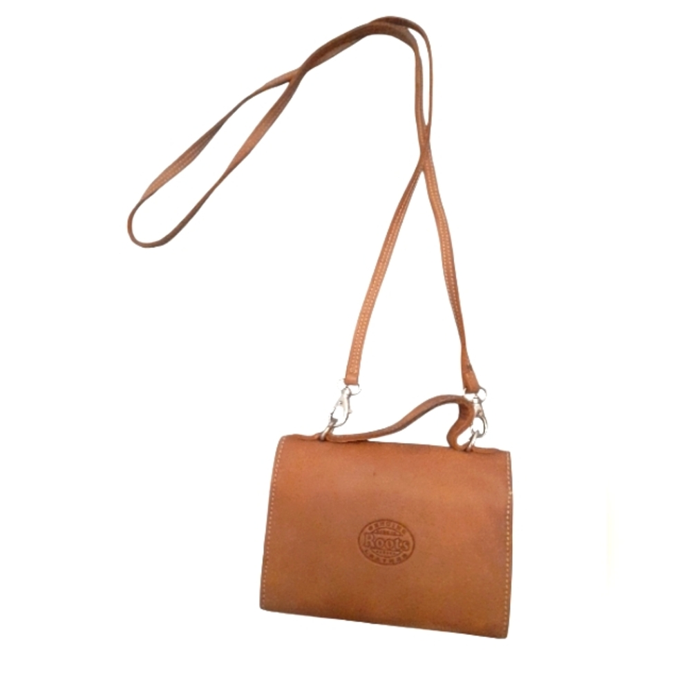 Roots Brown Leather Crossbody Shoulder Wallet Bag Tribal